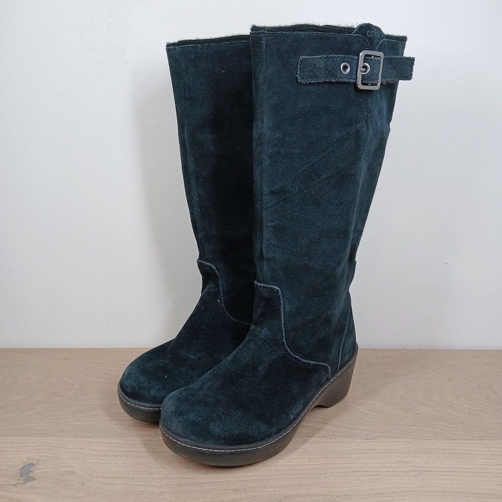 Crocs Boots Womens 7 Black Suede Leather Tall Knee High Buckle Wedge Winter